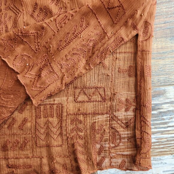 Chico's Silk Embroidered Beaded Blouse Long Sleeve Sheer Chiffon Brown - Picture 8 of 11